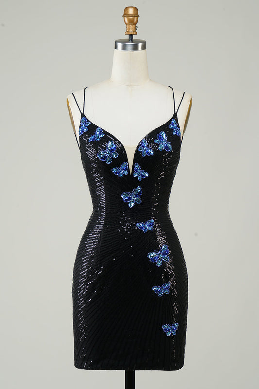 Glitter Short Black Homecoming Dress With Sequins Butterflies Sexy