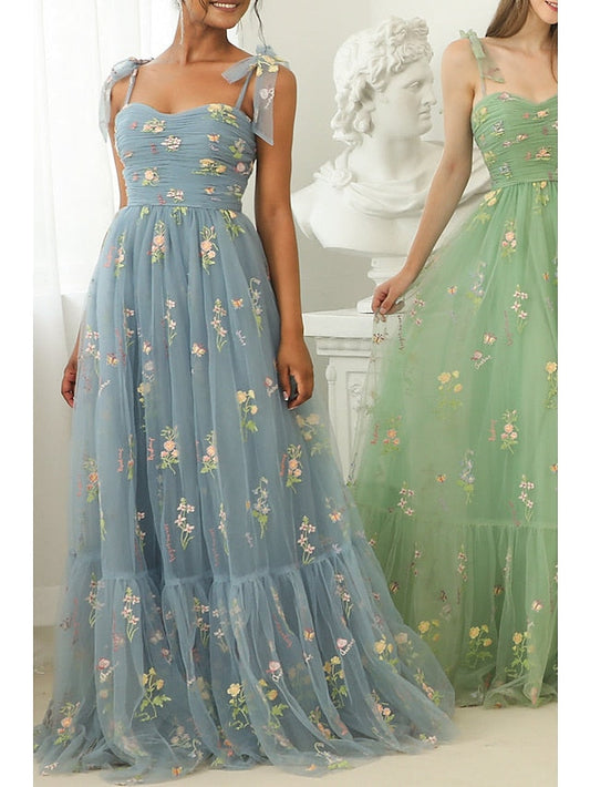 A-Line/Princess Spaghetti Straps Floor-Length Long Prom Floral Dresses With Flowers