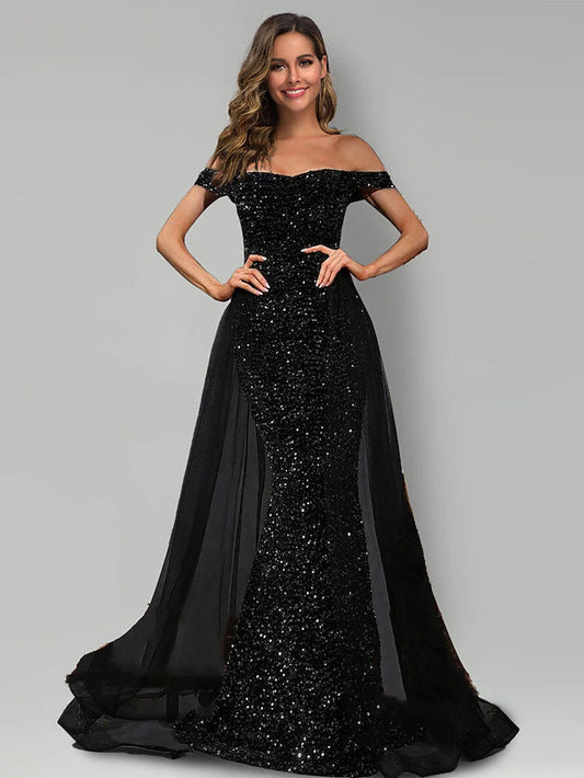 Mermaid / Trumpet Evening Gown Black Dress Formal Sweep / Brush Train Sleeveless Off Shoulder Tulle