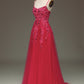Red A Line Spaghetti Straps Long Prom Dress With Appliques Sexy