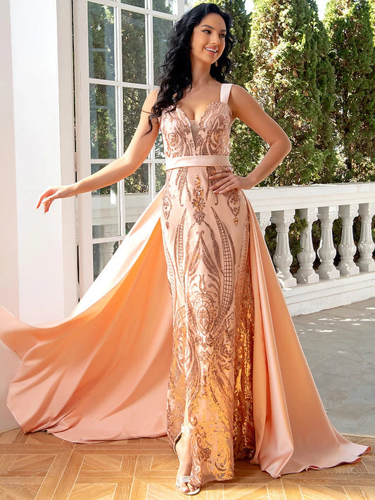 Mermaid / Trumpet Evening Gown Luxurious Dress Wedding Party Floor Length Sleeveless V Neck Detachable Satin