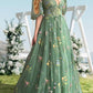 A-Line/Princess V-Neck Short Sleeves Floral Long Formal Prom Dresses With Flowers Sexy