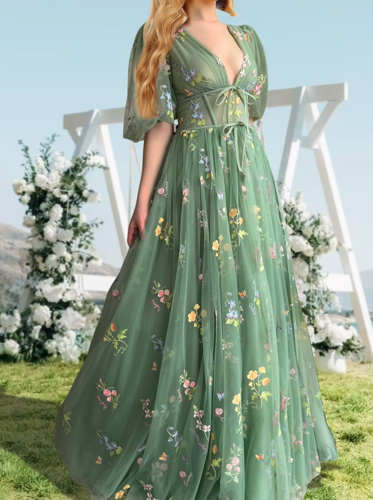 A-Line/Princess V-Neck Short Sleeves Floral Long Formal Prom Dresses With Flowers Sexy