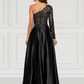 A-Line Prom Dresses Black Dress Party Wear Floor Length Long Sleeve One Shoulder Satin