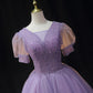 V Neck Tulle Beading Sequin Short Prom Dress purple