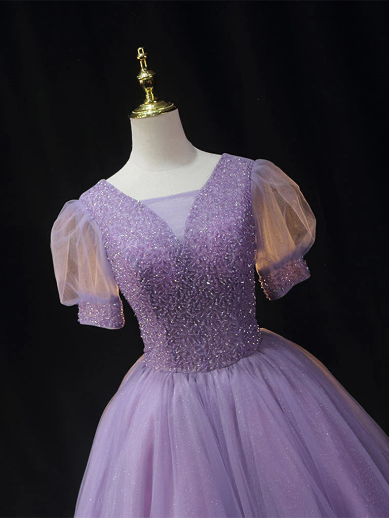 V Neck Tulle Beading Sequin Short Prom Dress purple