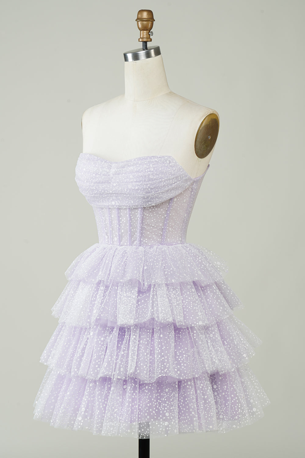 Lilac Corset Cute Tiered Sparkly Homecoming Dress With Ruffles Off Shoulder