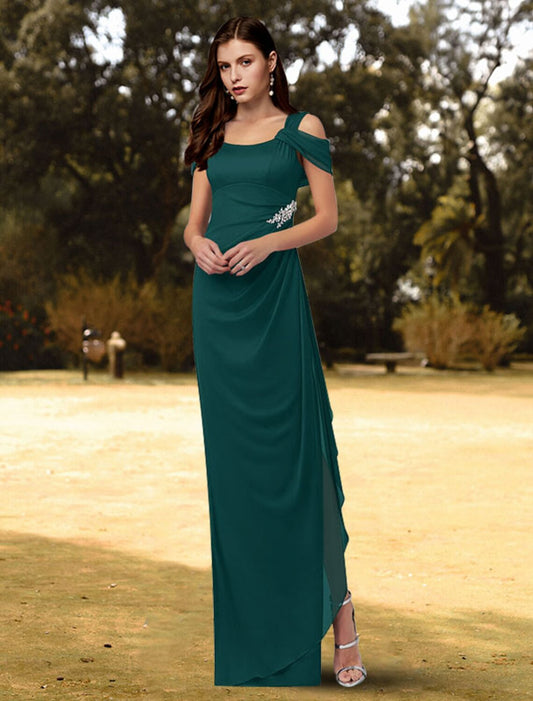 Sheath / Column Evening Gown Empire Dress Formal Evening Floor Length Short Sleeve Square Neck Chiffon with Crystals