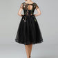 A-Line Elegant Floral Engagement Formal Evening Dress Illusion Neck Short Sleeve Knee Length Lace with Pleats