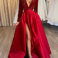 A-Line/Princess V-Neck Long Prom Dresses With Split Side & Sequins Sparkly