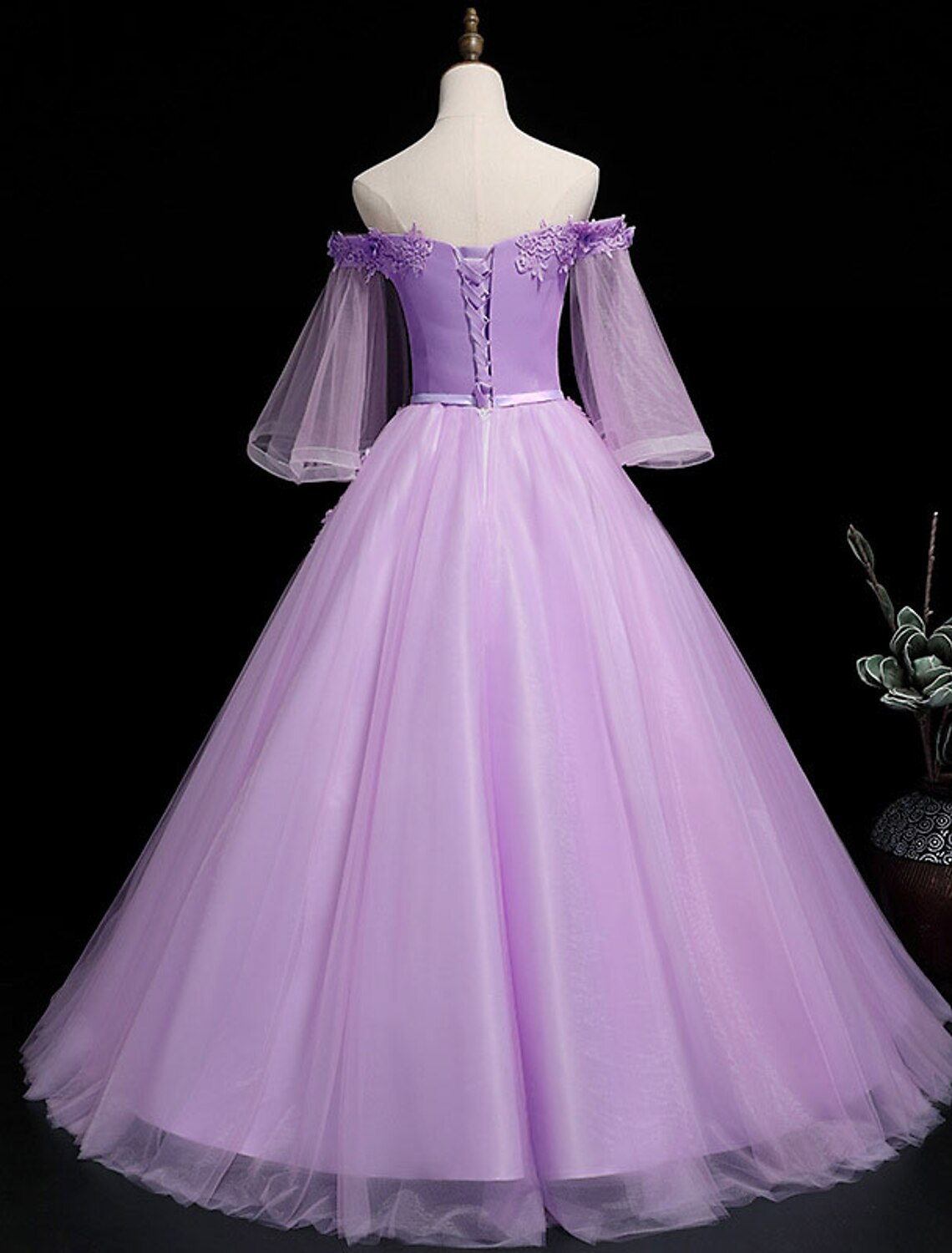 Ball Gown Luxurious Floral Quinceanera Prom Birthday Dress Off Shoulder 3/4 Length Sleeve Floor Length Tulle with Sash / Ribbon