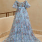 A Line Sweetheart Ruffles Sweep Train Floral Printed Chiffon Prom Dresses Beautiful