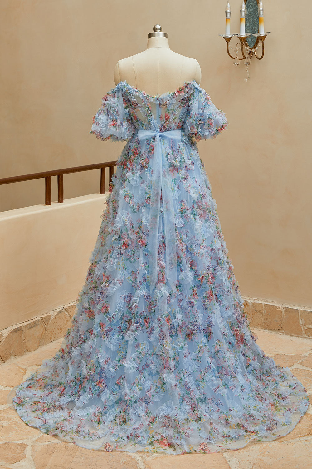 A Line Sweetheart Ruffles Sweep Train Floral Printed Chiffon Prom Dresses Beautiful