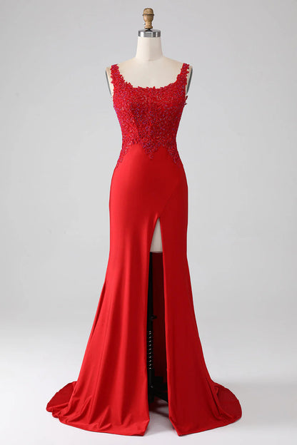 Beaded Long Prom Dress with Slit Pure Color Sexy