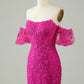 Fuchsia Sheath Off the Shoulder Short Homecoming Dress With Appliques Sexy