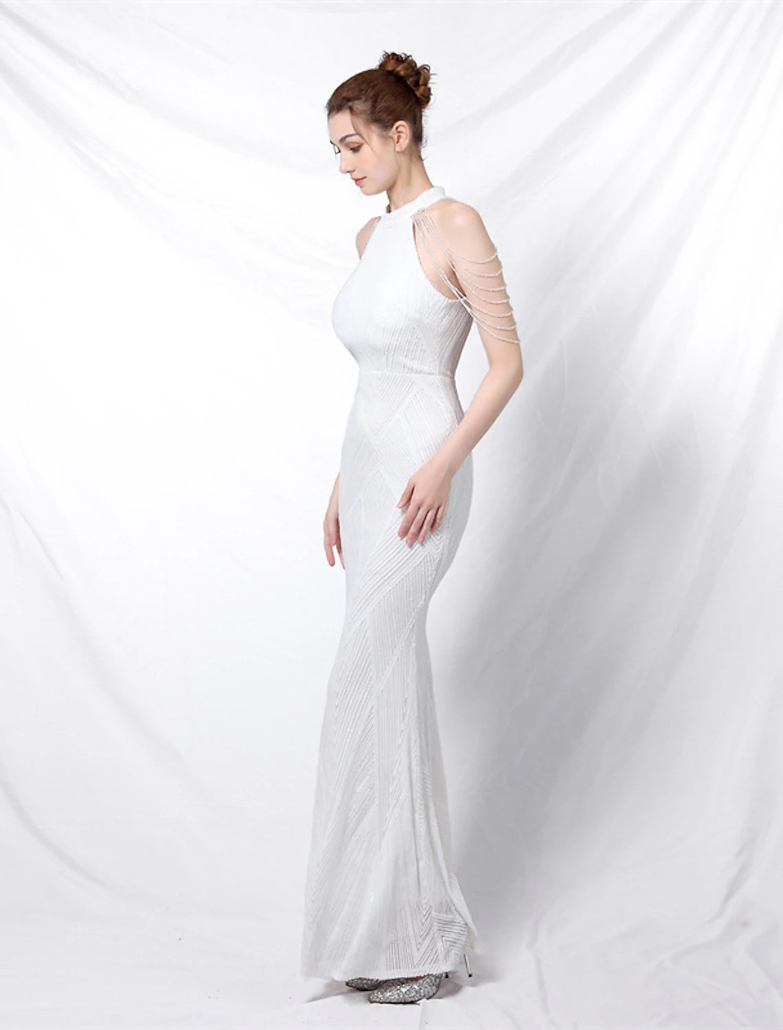 Mermaid / Trumpet Evening Gown Sparkle & Shine Dress Formal Floor Length Short Sleeve High Neck Sequined Backless with Crystals