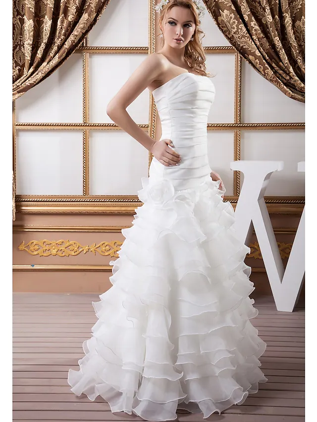 A-Line Wedding Dresses Strapless Floor Length Organza Satin Strapless with Ruched Cascading