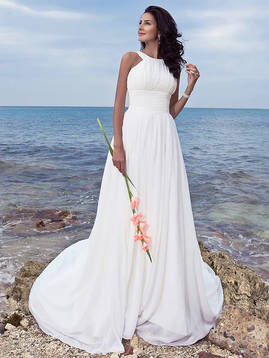 A-Line Wedding Dresses Jewel Neck Chiffon Regular Straps Formal Beach Plus Size with Ruched