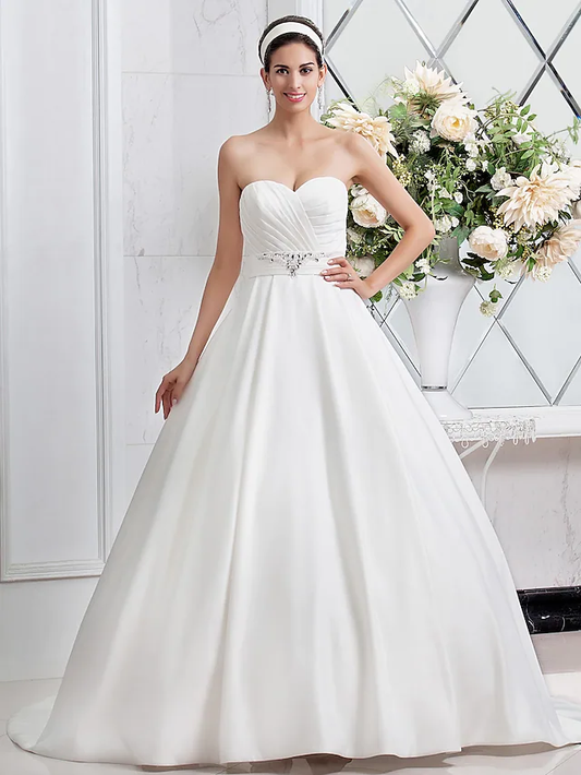 Princess A-Line Wedding Dresses Sweetheart Neckline Satin Sleeveless with Sash Ribbon Ruched