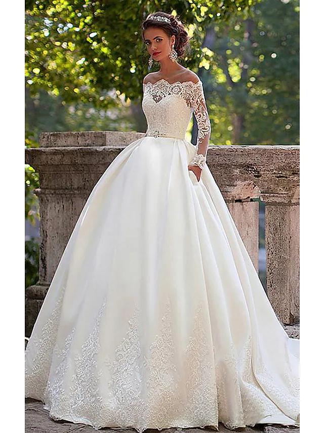 A-Line Wedding Dresses Off Shoulder Court Train Lace Long Sleeve Country Illusion Sleeve Beautiful