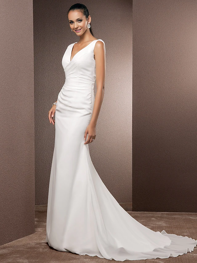 Wedding Dresses V Neck Court Train Chiffon Over Satin Regular Straps Vintage Backless Elegant