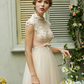 A-Line Wedding Dresses High Neck Sweep Brush Train Tulle Short Sleeve Open Back with Bowknot Sash Ribbon