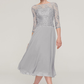 A-linePrincess Bateau 34 Sleeve Tea-Length Chiffon Mother of the Bride Dress With Beading Lace Pure Color