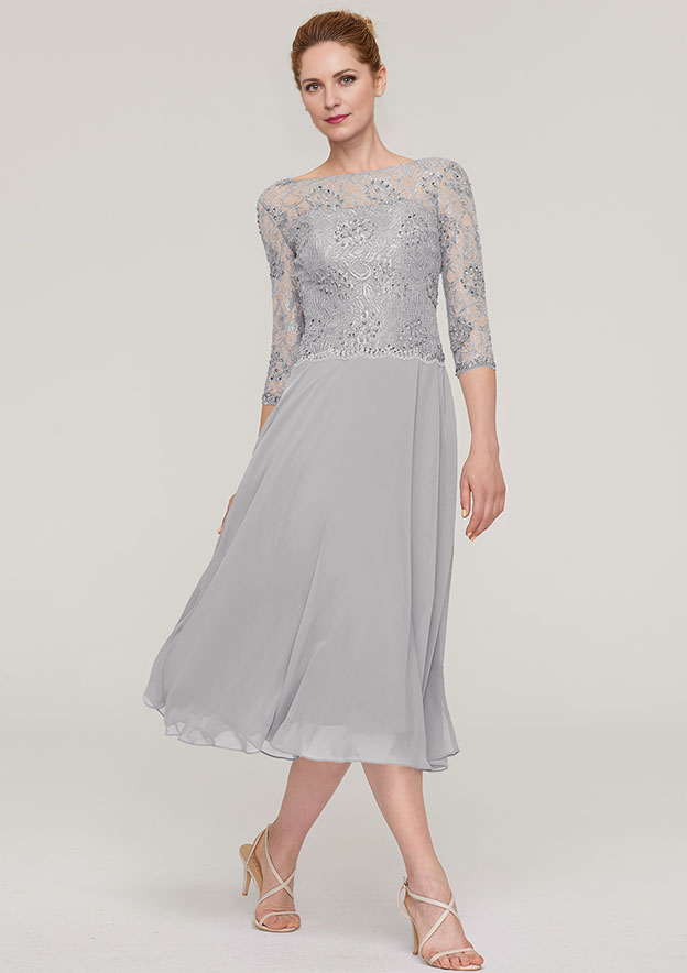 A-linePrincess Bateau 34 Sleeve Tea-Length Chiffon Mother of the Bride Dress With Beading Lace Pure Color