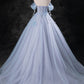 A-Line Sweetheart Neck Off Shoulder Tulle Long Prom Dress Blue