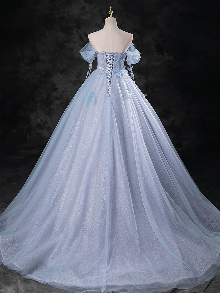 A-Line Sweetheart Neck Off Shoulder Tulle Long Prom Dress Blue