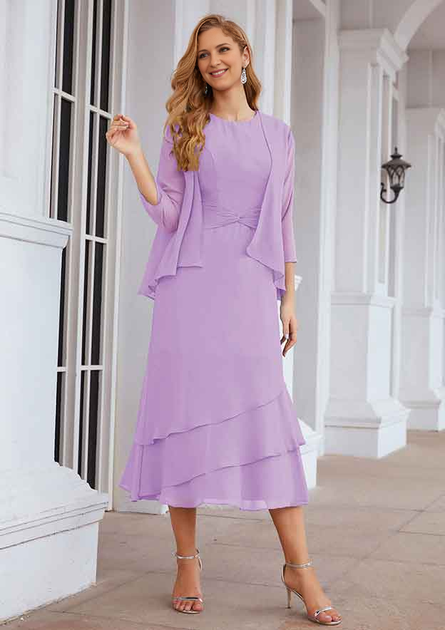 A-line Bateau Tea-Length Chiffon Mother of the Bride Dress With Pleated and Jacket Pure Color