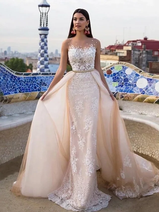 Wedding Dresses Jewel Neck Chapel Train Lace Tulle Lace Over Satin Regular Straps Formal See-Through with Sashes Ribbons Pearls