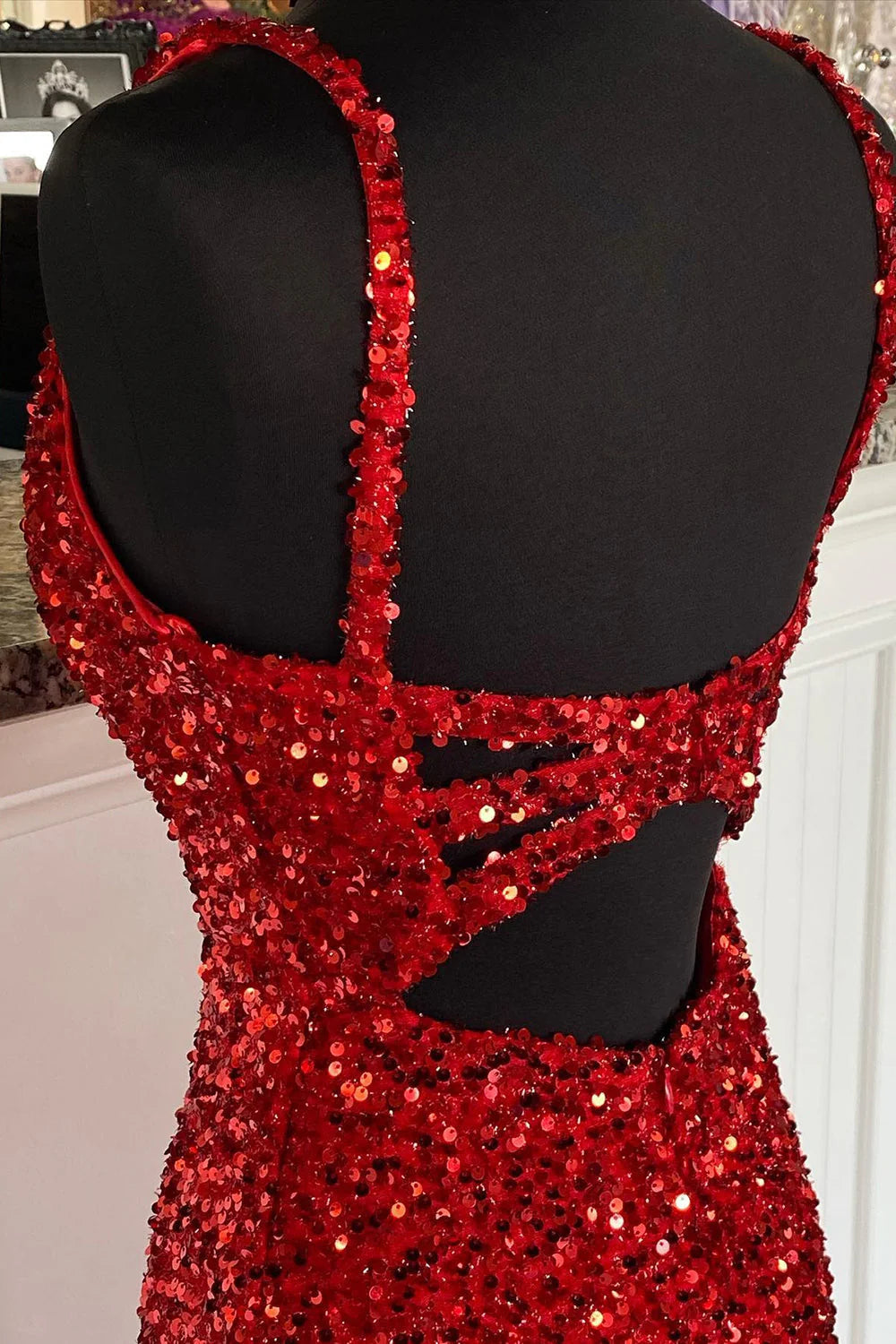 Sheath Spaghetti Straps Sequins Prom Dress with Split Front Sparkly Long