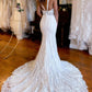 White Lace Queen Anne Mermaid Long Wedding Dress with Slit Sexy
