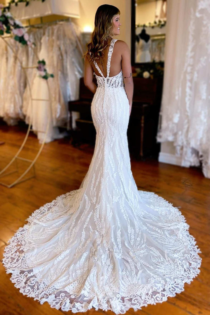 White Lace Queen Anne Mermaid Long Wedding Dress with Slit Sexy