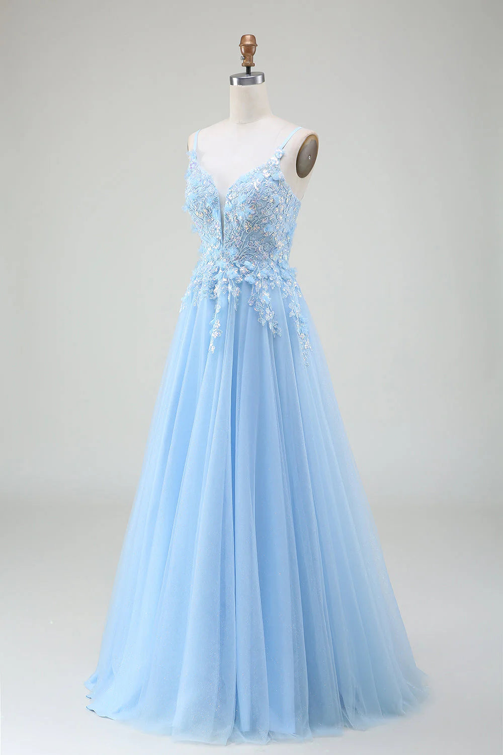 A-Line Prom Dress with Appliques V-neck Pure Color Long