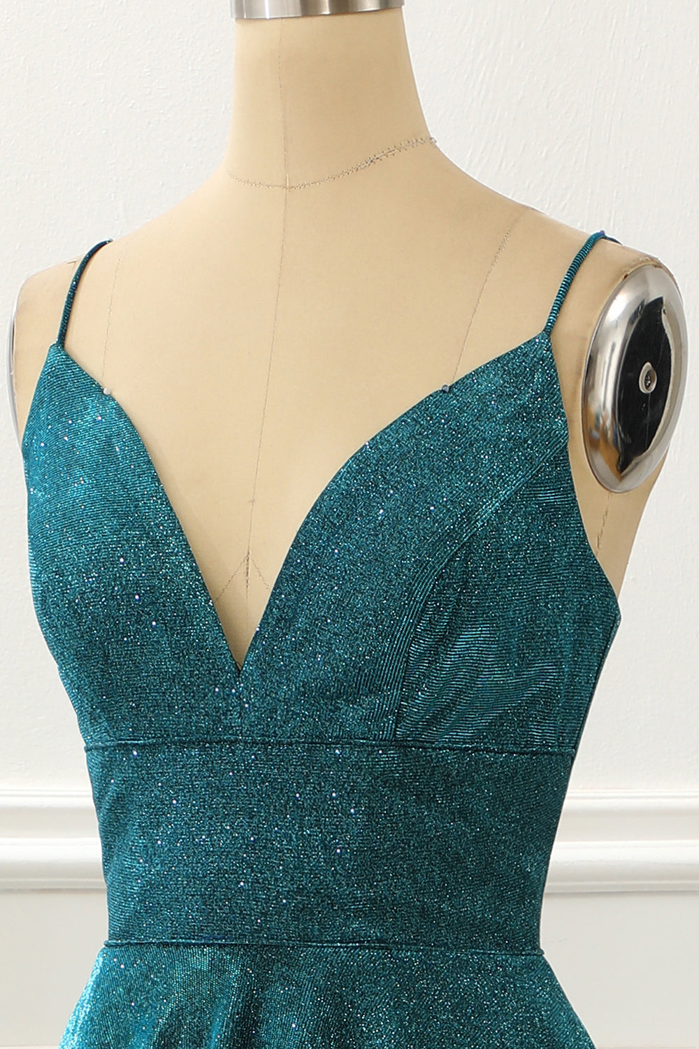 Spaghetti Straps Blue Long Sparkly Prom Dress V-neck Sexy