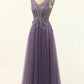 Tulle A-line Prom Dress V-neck Pure Color