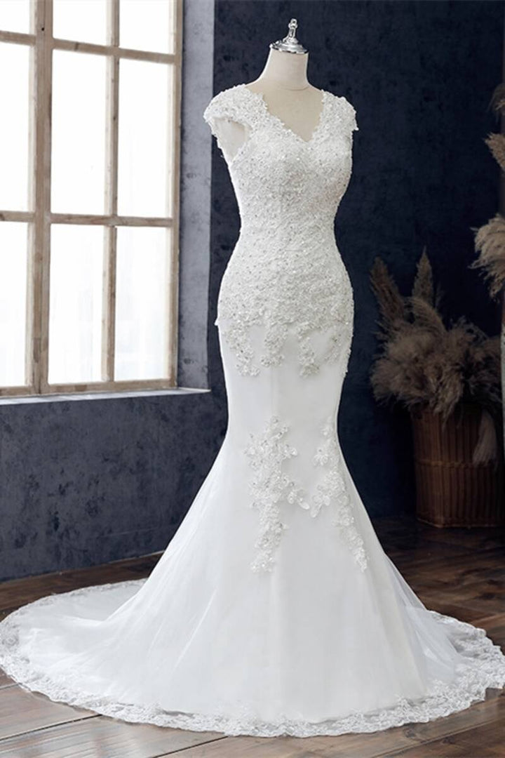 White Appliqués V-Neck Cap Sleeve Trumpet Wedding Dress Long