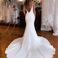 Mermaid Train Open Back Satin Wedding Dress V-neck Pure Color Sexy