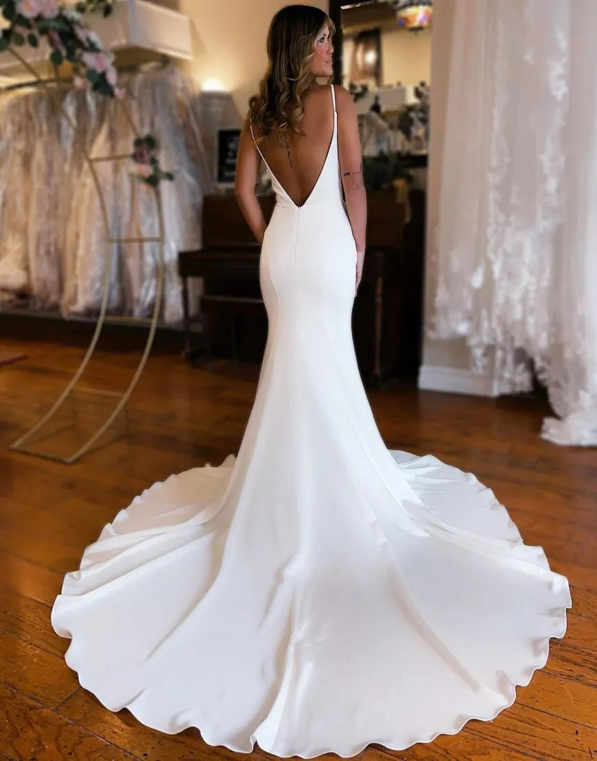 Mermaid Train Open Back Satin Wedding Dress V-neck Pure Color Sexy