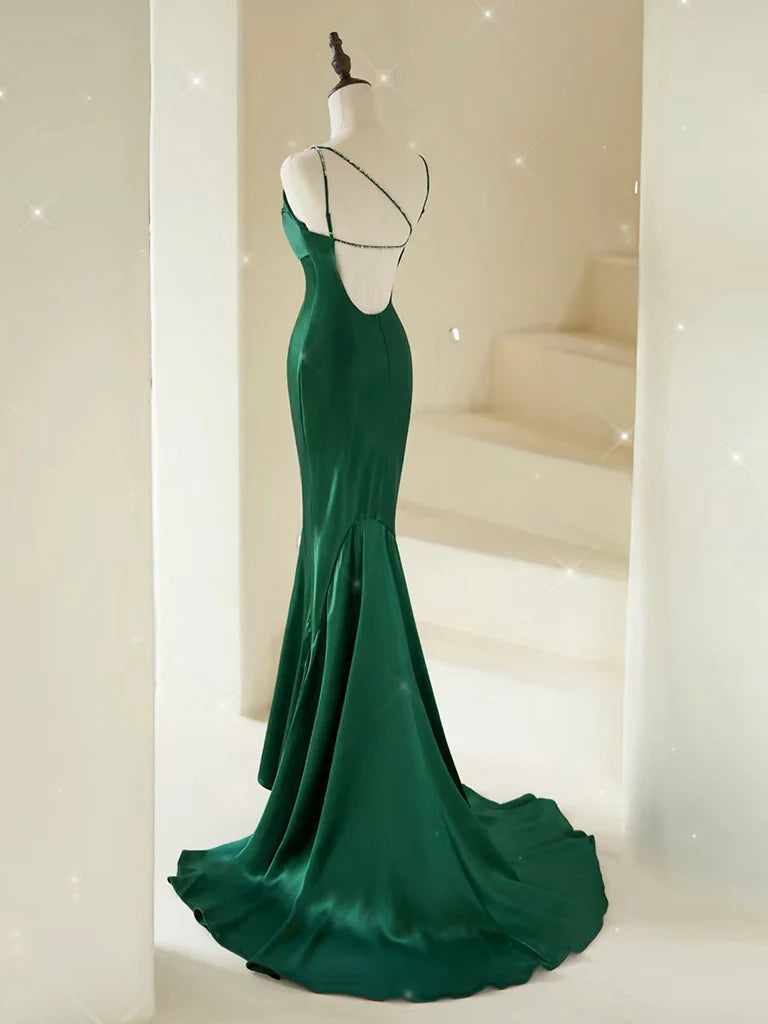 Mermaid V Neck Satin Long Prom Dress Pure Color