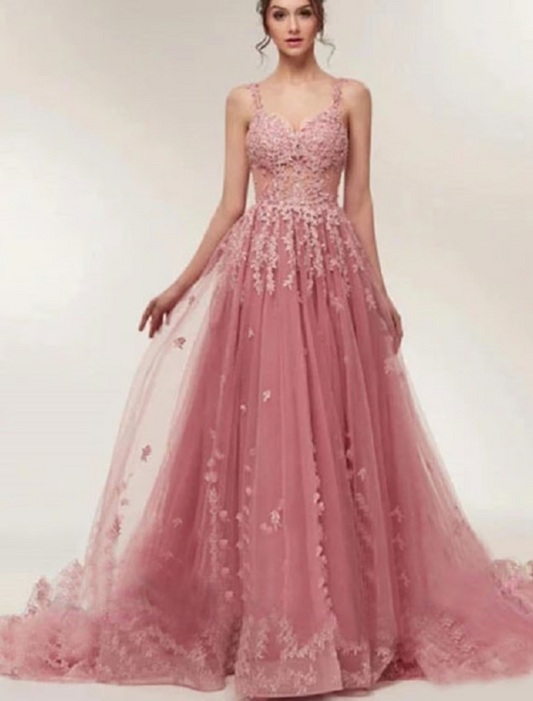 Ball Gown Evening Gown Luxurious Dress Engagement Court Train Sleeveless V Neck Tulle