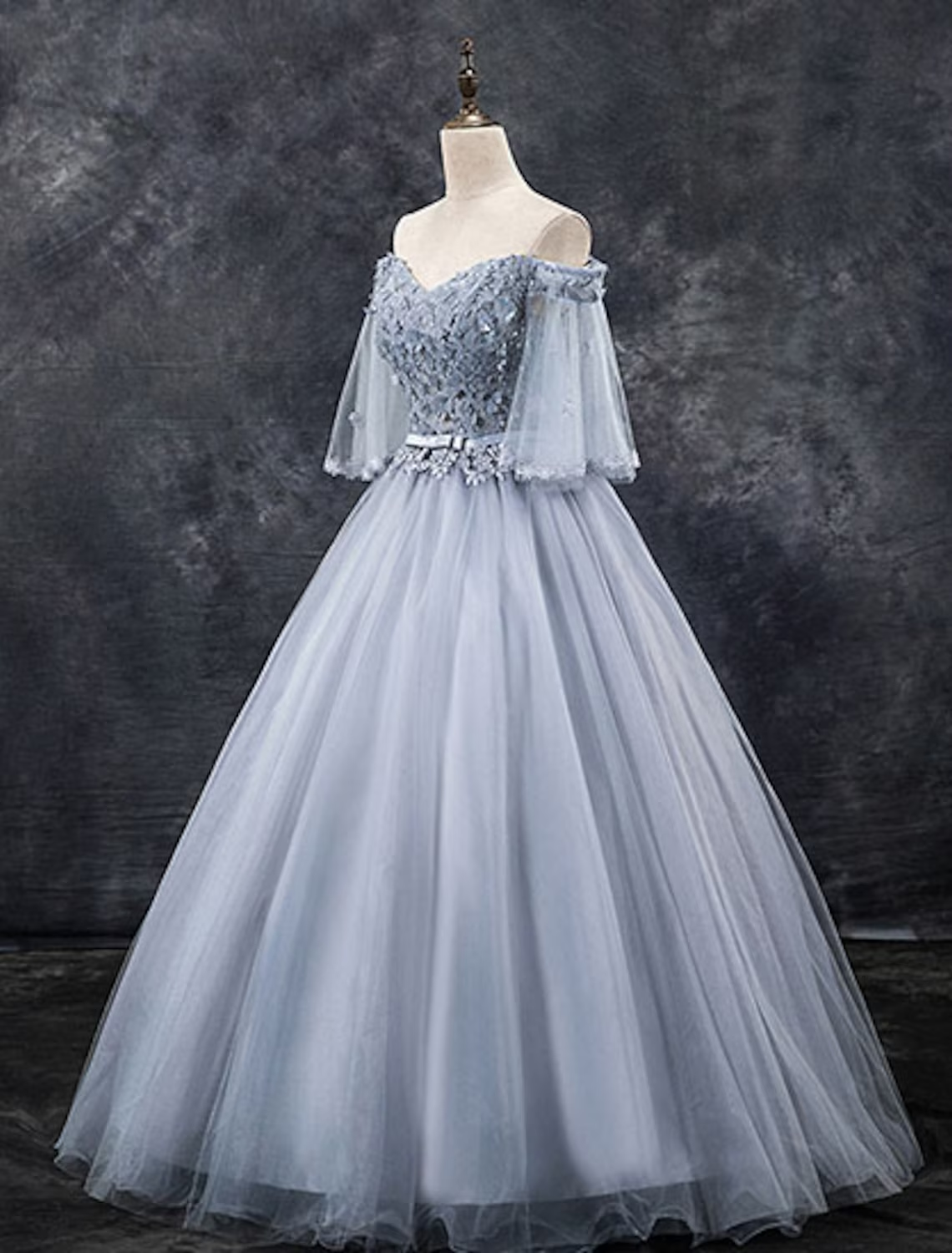 Ball Gown Elegant Floral Quinceanera Formal Evening Dress Off Shoulder Half Sleeve Floor Length Tulle