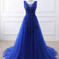 Light Grey Long Party Dress New Prom Dress A Line Sleeveless Royal Blue Evening Dress with Appliques