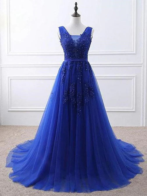 Light Grey Long Party Dress New Prom Dress A Line Sleeveless Royal Blue Evening Dress with Appliques