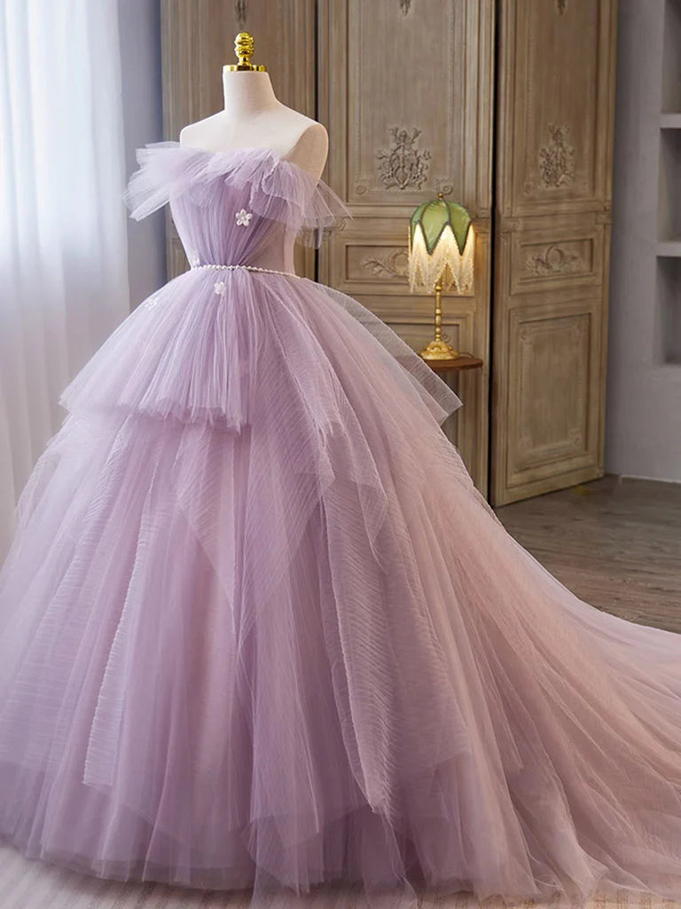 A-line Tulle Long Prom Gown Prom Dresses