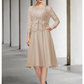 Two Piece A-Line Mother of the Bride Dress Elegant Jewel Neck Knee Length Chiffon Lace 3/4 Length Sleeve with Bow(s)