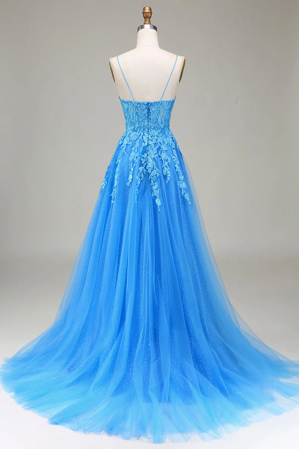 A-Line Spaghetti Straps Tulle Prom Dress With Appliques V-neck Sexy