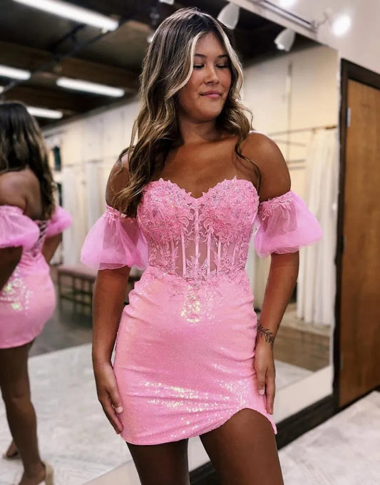 Lace And Sequin Homecoming Dress with Detachable Sleeves Sexy